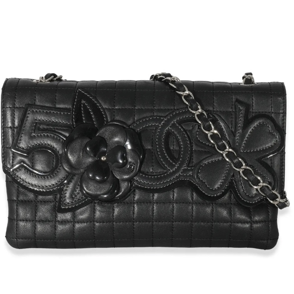 🔥$2250 Chanel Chocolate Bar No. 5 Camellia Flap Bag Lambskin Black